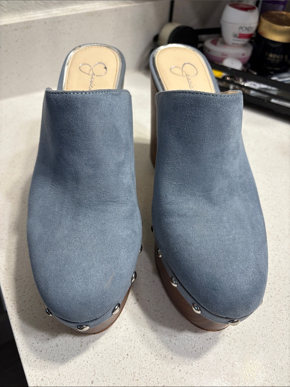 Jessica Simpson Dusty Blue Suede Studded Clog Mules